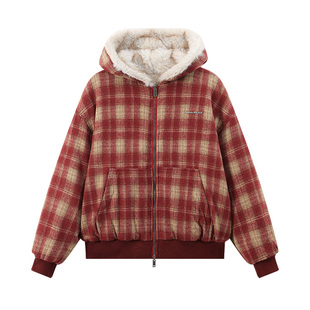 江南先生NewJNXS新年格纹双面穿连帽仿貂毛座山雕冬保暖棉服外套