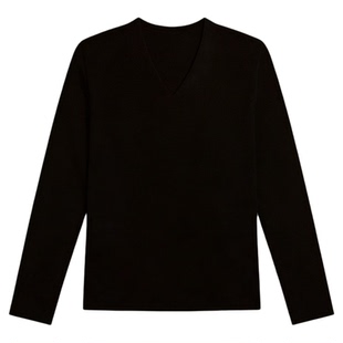 Basic House/百家好黑色V领长袖打底衫女2025冬季新款内搭T恤上衣