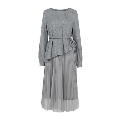 【秒杀】sdeer圣迪奥女装圆领收腰网纱针织拼接连衣裙S241Z1212