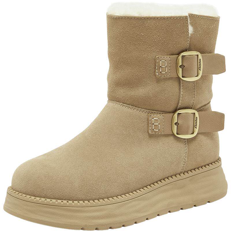 Bata雪地靴女冬季新款牛剖皮百搭加绒毛毛厚底中筒靴8156MDZ5