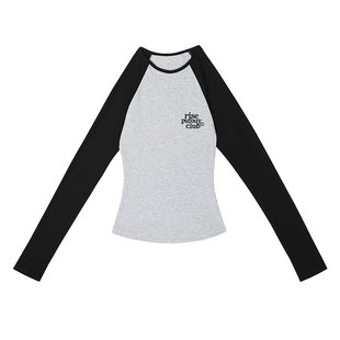 Pufouy拼色罗纹弹力刺绣logo百搭款美式紧身长袖打底衫女款辣妹