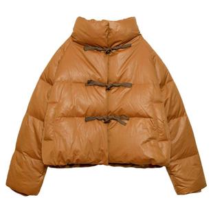 ZJ小众女装自制冬加厚立领南瓜色牛角扣羽绒服90白鸭绒短款面包服