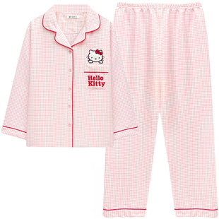 新款hellokitty睡衣女春秋季梳织纯棉纱长袖可爱卡通家居服套装薄
