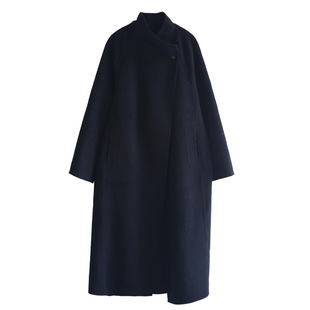 徐大脸吖定制 澳洲羊毛呢子大衣冬女显瘦收腰长款黑色双面呢外套