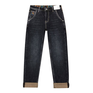 冬季加绒牛仔裤男款保暖加厚黑灰色弹力修身小脚磨毛九分裤古士狼