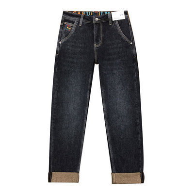 冬季加绒牛仔裤男款保暖加厚黑灰色弹力修身小脚磨毛九分裤古士狼