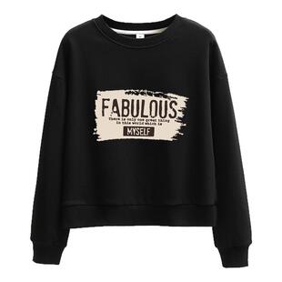 无帽纯棉春季短款卫衣女春秋款2026新款薄款黑色长袖宽松短上衣春