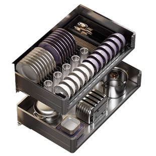 悍高厨房橱柜拉篮R3系列抽屉式加厚不锈钢碗碟拉篮双层置物碗篮