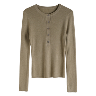 高智感亨利领针织打底衫女羊毛修身显瘦内搭外穿法式气质简约上衣