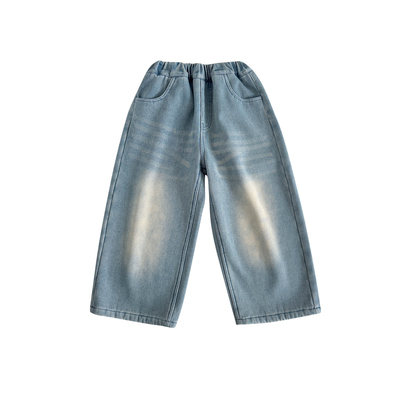 潮宝儿童韩版砂洗磨白牛仔裤