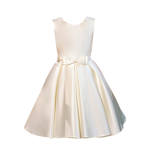 女童礼服高端缎面前短后长花童婚礼小女孩生日主持人公主裙香槟色