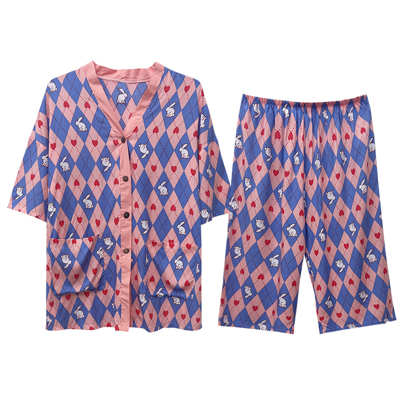 女绵绸V领开衫睡衣家居服
