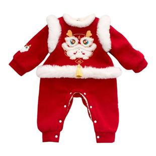 婴儿宝宝新年服冬季加绒连体衣小月龄红色喜庆过年拜年服周岁爬服