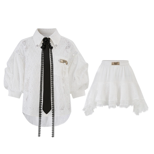 4MILE BY KSMILE 白色蕾丝镂空衬衫短裙套装松弛空气感夏季两件套