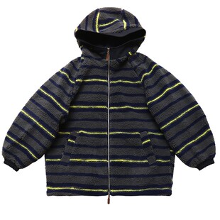 鹿与飞鸟“蓝莓派”条纹提花宽松廓形仿羊羔毛加厚连帽外套7130