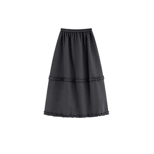 黑色木耳花边蛋糕半身裙女秋冬加厚a字毛呢花苞裙高级感波点中裙