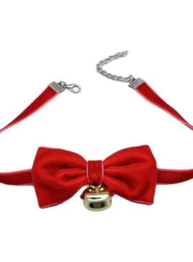 圣诞红丝绒蝴蝶结铃铛项链