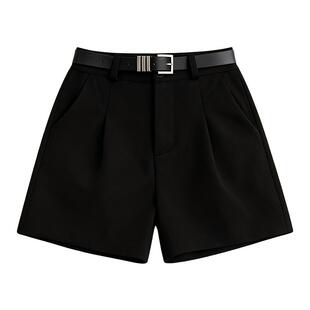 DPLAY【惠品】2026春季新款黑色高腰气质捏褶短裤好看直筒短裤女