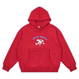 DK童装2025冬装新款女男童红色加厚一体绒连帽青少年卫衣儿童上衣