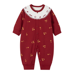 考拉蒂尔 婴儿连体衣纯棉春秋女宝宝长袖哈衣红色新年拜年衣服男