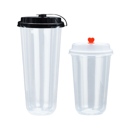 U型奶茶杯胖胖杯90/95口径500ml700cc一次带盖吸塑杯饮料果汁杯子