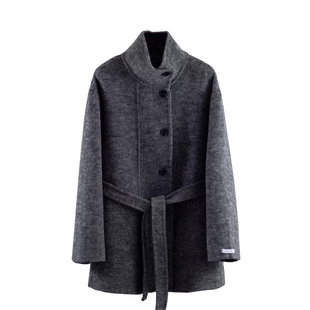 双面绒大衣女收腰立领中长款灰色毛呢2025秋冬新款加厚外套小个子