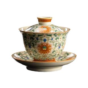 容山堂珐琅彩白瓷三才盖碗茶杯茶具盖碗三件套功夫泡茶碗单个高档