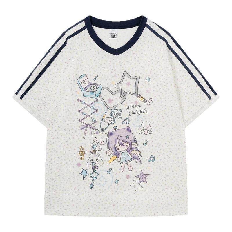MoCreation日系甜美风卡通印花V领短袖T恤女宽松百搭学院风上衣夏