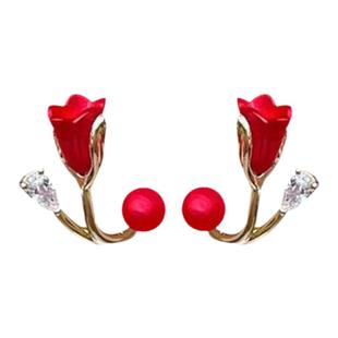 轻奢一款两戴红色花朵珠珠耳钉女热门款耳环网红后挂式前后款耳饰