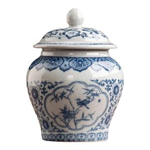 青花将军茶叶罐复古老陶泥陶瓷罐茶叶收纳罐防潮储茶罐干货密封罐