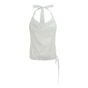 DANZ 原创设计砂洗棉度假感浪漫可爱甜美花苞绑带挂脖荡领上衣