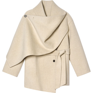 lkbennett米色羊毛大衣2025年冬新款时尚中长款围巾领毛呢外套