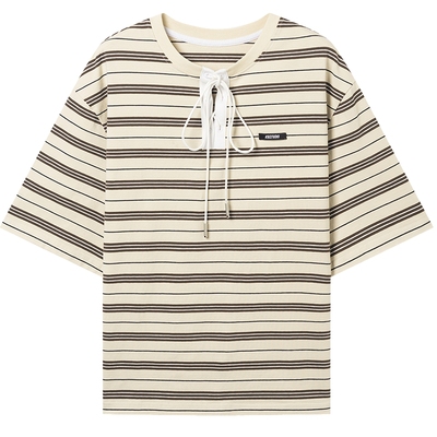 KBNE米色条纹短袖t恤设计感打底衫夏季新款修身内搭洋气上衣女装