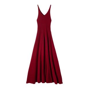 藐视众生！神仙色车厘子红V领吊带羊绒连衣裙伞裙女长款羊绒衫