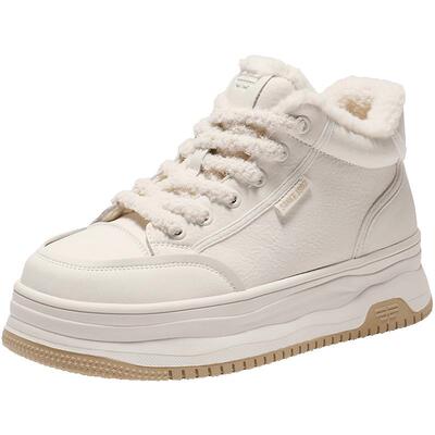 百丽厚底加绒高帮鞋女鞋冬季新款棉鞋增高百搭小白板鞋E6S1DDD5