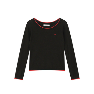 FUNKYFUN 卷边撞色刺绣船领微宽松正肩针织长袖毛衣