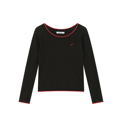 FUNKYFUN 卷边撞色刺绣船领微宽松正肩针织长袖毛衣