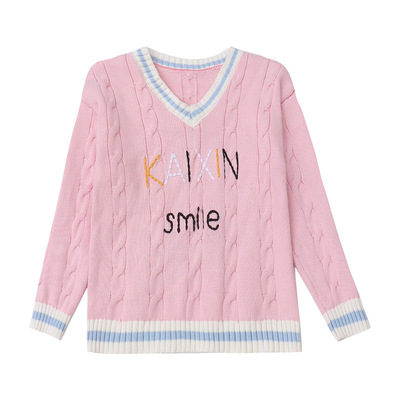 女童毛衣v领套头宽松小女孩低领