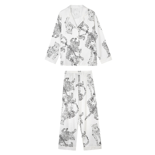 馨帮帮 豹子印花缎面睡衣套装女春季高级感开衫长裤家居服两件套