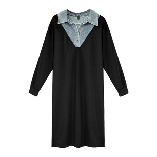 【5折清仓】媛子家大码女装秋季胖mm假两件牛仔翻领长袖连衣裙