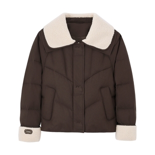 Mind Bridge女士厚款保暖外套2025年冬季仿羊羔毛翻领短款羽绒服