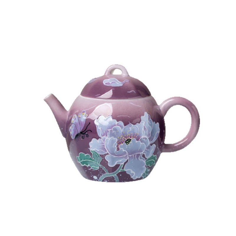 女士紫色陶瓷浮雕手绘过滤茶壶
