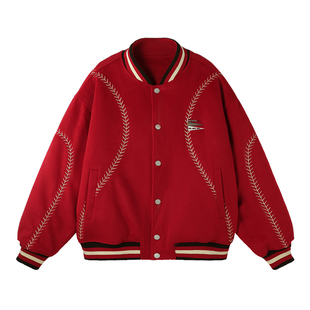 BJHG不计后果新年红夹棉棒球棉服男款冬美式运动棉衣圣诞节外套女