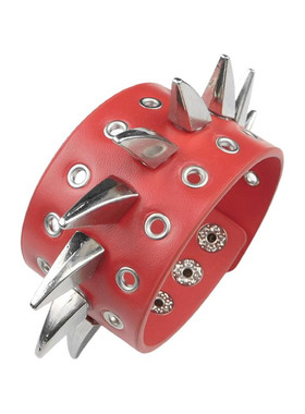 银色合金牛角铆钉锯齿大红皮手链