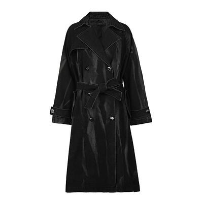 sdeer翻领收腰做旧牛仔长款风衣