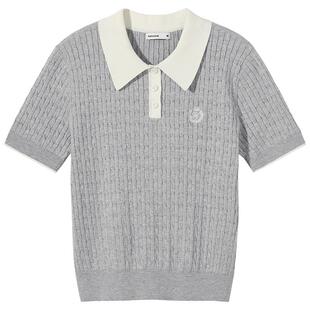 热风2026年春季新款女士翻领徽章刺绣短袖针织衫通勤简约