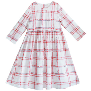 【山的风】夏季纯棉红格子连衣裙女薄款简约圆领气质小个子百搭裙