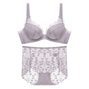 轻夕波波橙大胸显小聚拢内衣女夏薄蕾丝文胸罩套装法式防下垂