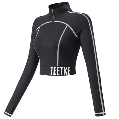 岚纹帅气半拉链露脐短款健身长袖