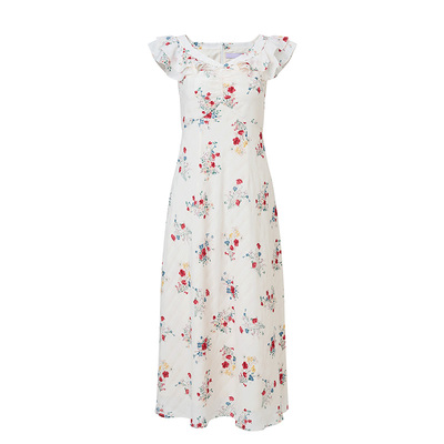 印花收腰连衣裙，领口荷叶边设计